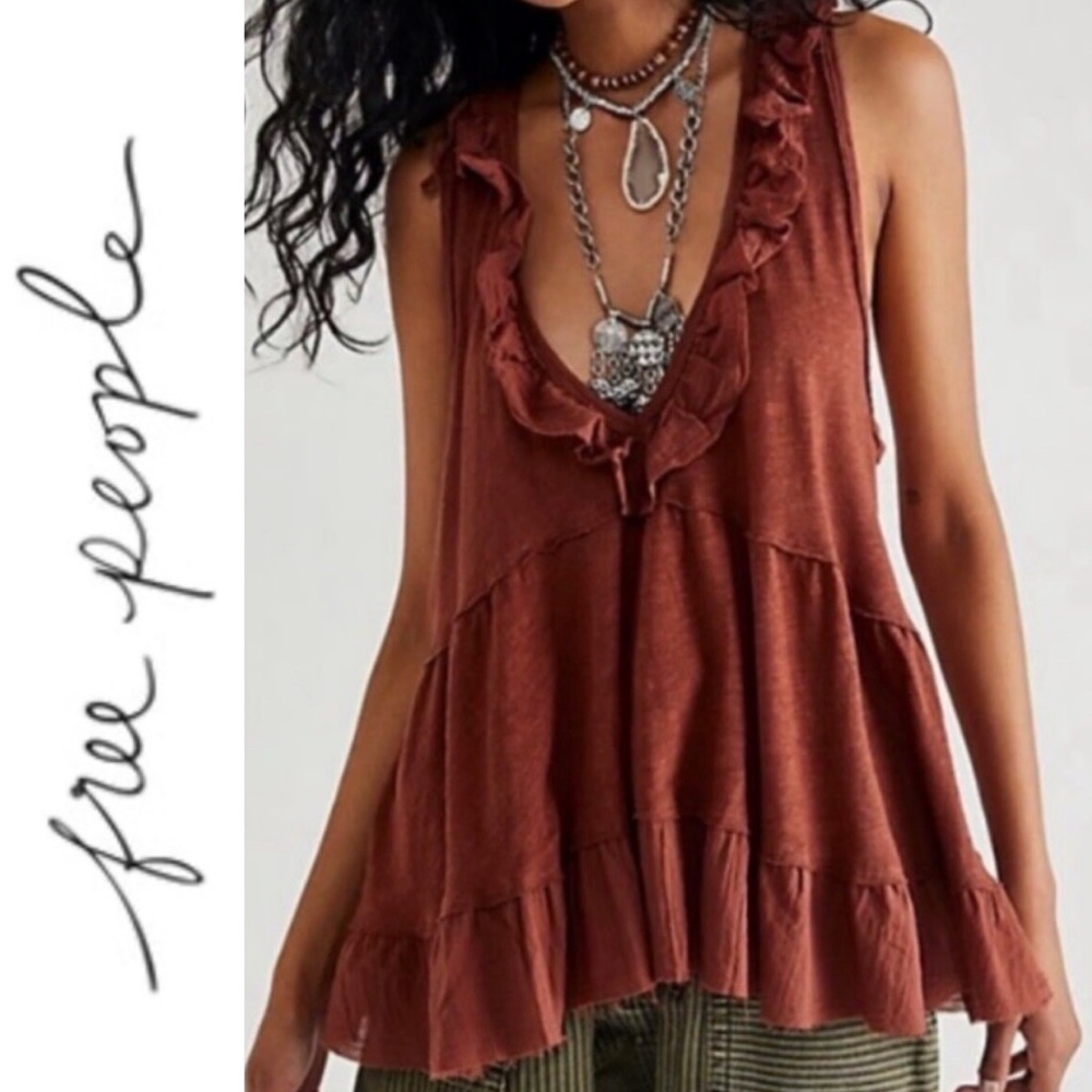 Free People “Out And About” Linen Blend Double Ruffle Babydoll Tank Top- XS